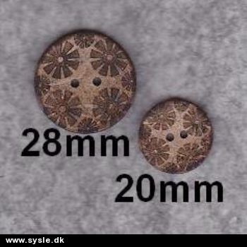 8928 Kokusknap 2hul m. blomst, 20mm - Natur - 1stk.