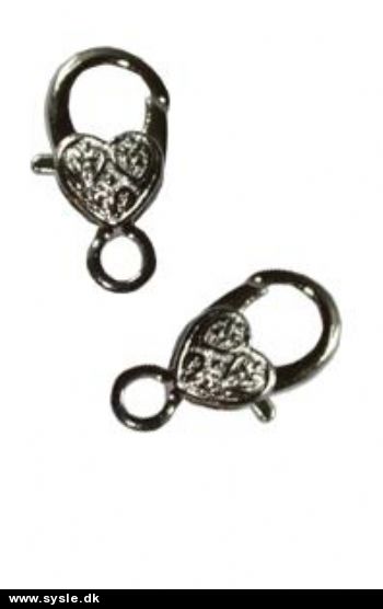 7606 Karabinlås sølv m. Hjerte 13x25mm ø:5mm - 2 i ps.
