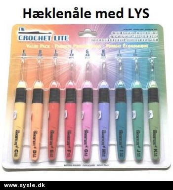 Hæklenåle med LYS - str. 3,5 - 6,5 med skaft (incl. batteri)